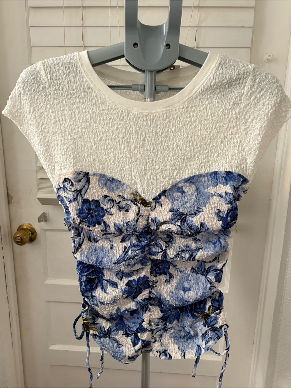 Maeve Anthropologie Ruched Corset Top Blue Floral White Size S NWT